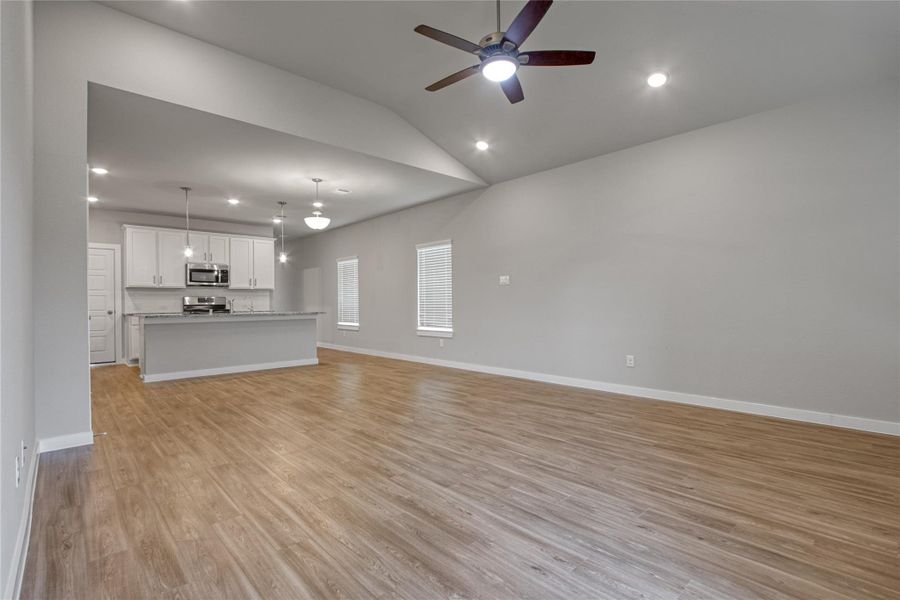 The primary suite is off the living area. The primary suite is off the living area.