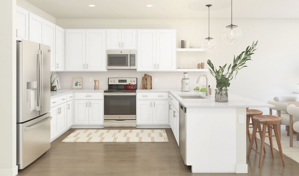 Kitchen with pendant lights & floating shelves