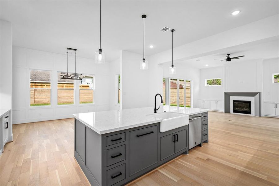 A view from the kitchen looking towards the dining and living areas.