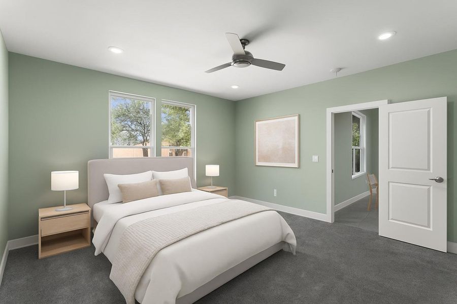 Virtually staged primary Bedroom with a ceiling fan, carpet flooring, and recessed lighting