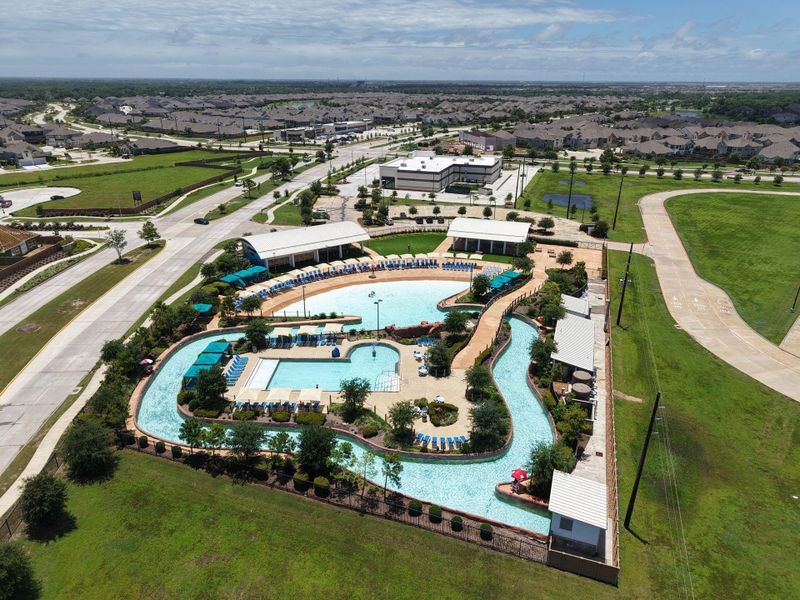 Closer view of the wave pool, lazy river and island pool.