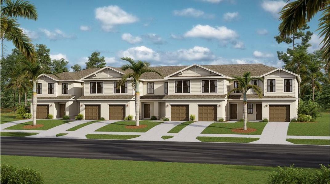 Front exterior of a new home in Crane Landing: Townhomes, Fort Myers, FL, highlighting curb appeal (Image 1).