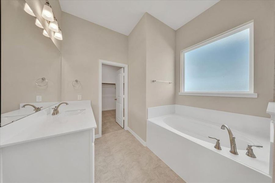 Bathroom featuring double vanity, a bath, and a walk in closet Bathroom featuring double vanity, a bath, and a walk in closet