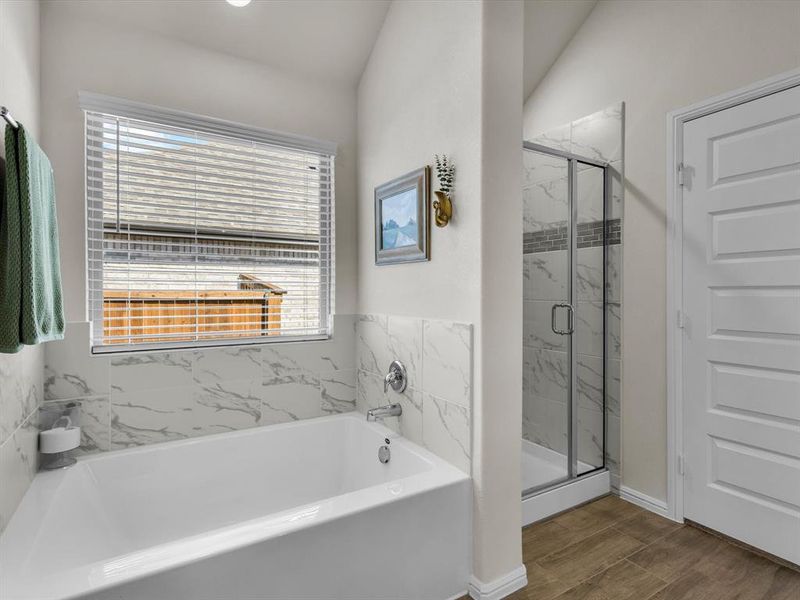 Relax and unwind in the large soaking tub.