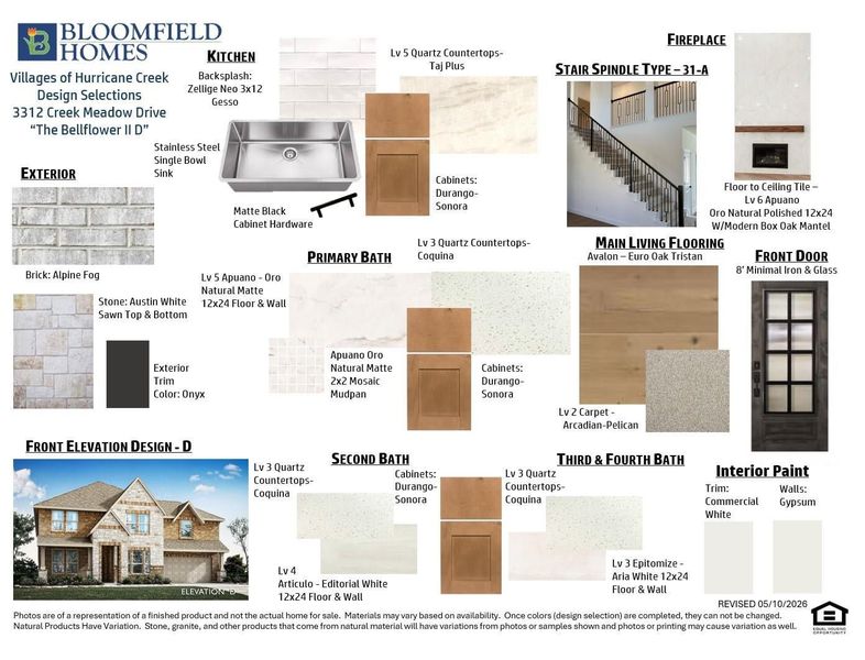 Bloomfield Homes design selections board for The Bellflower II D showing exterior, kitchen, bath, flooring, and paint material samples. Bloomfield Homes design selections board for The Bellflower II D showing exterior, kitchen, bath, flooring, and paint material samples.