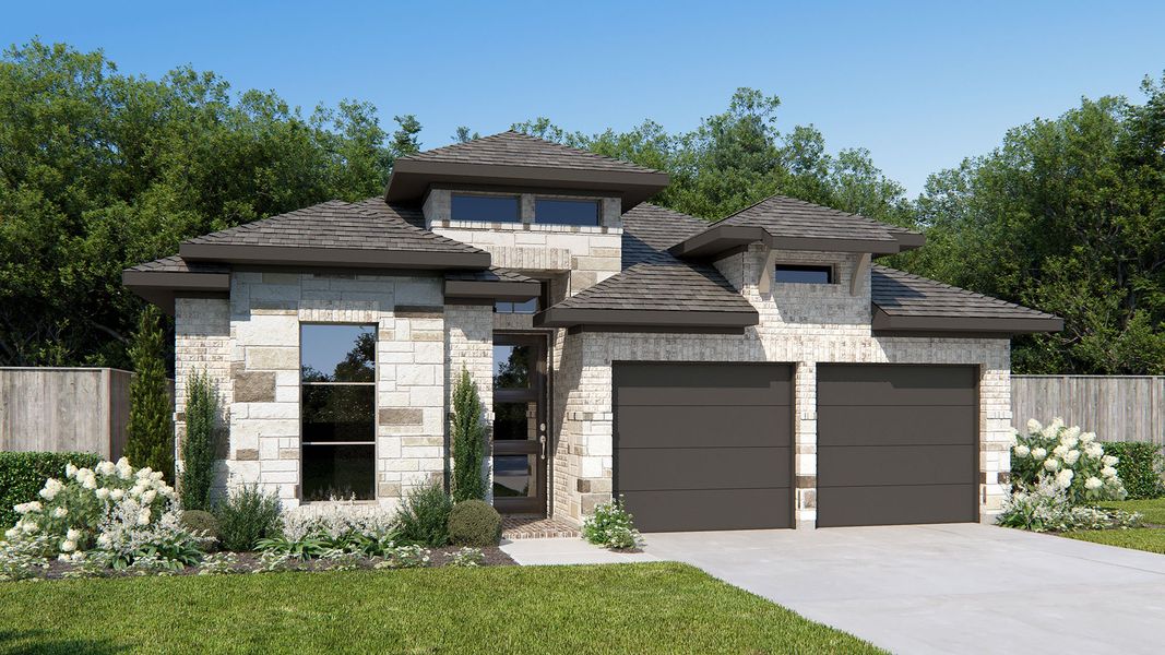 Representative exterior photo of a completed home built from the 1992W by Perry Homes in Veramendi, New Braunfels, TX (Image 2).