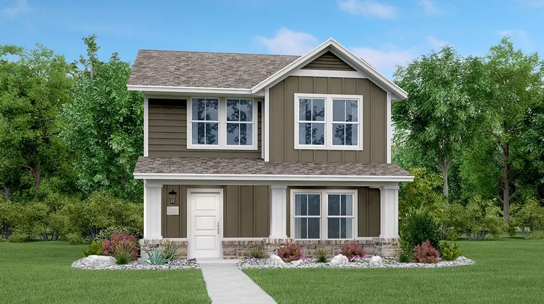 Front exterior of a new home in Plum Creek North, Kyle, TX, highlighting curb appeal (Image 1). Front exterior of a new home in Plum Creek North, Kyle, TX, highlighting curb appeal (Image 1).