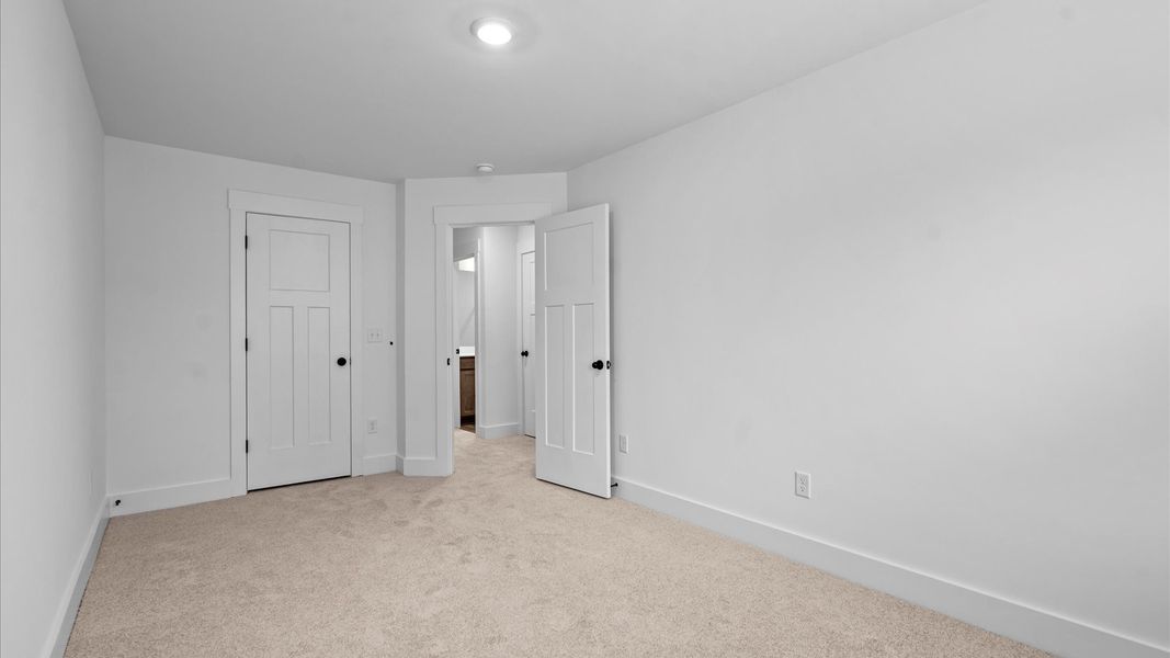 Tasteful secondary bedroom with plush carpet and a spacious walk-in closet Tasteful secondary bedroom with plush carpet and a spacious walk-in closet