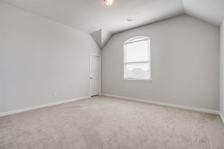 Spare room with light carpet and lofted ceiling