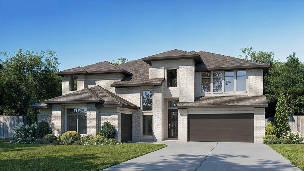 Front exterior of a new home in Jordan Ranch 65', Fulshear, TX, highlighting curb appeal (Image 2). Front exterior of a new home in Jordan Ranch 65', Fulshear, TX, highlighting curb appeal (Image 2).