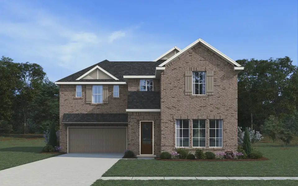 Representative exterior photo of a completed home built from the Virginia by Chesmar Homes in The Courtyards at Trinity Falls, McKinney, TX (Image 1). Representative exterior photo of a completed home built from the Virginia by Chesmar Homes in The Courtyards at Trinity Falls, McKinney, TX (Image 1).