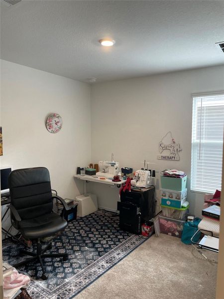 Office area featuring light colored carpet and a textured ceiling