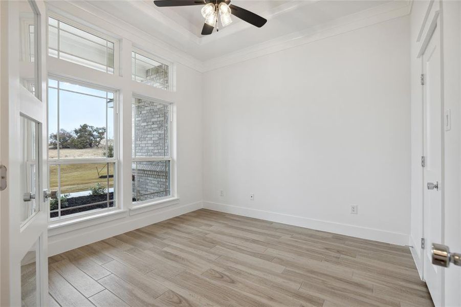 Spare room with ceiling fan, light wood-type flooring, and crown molding