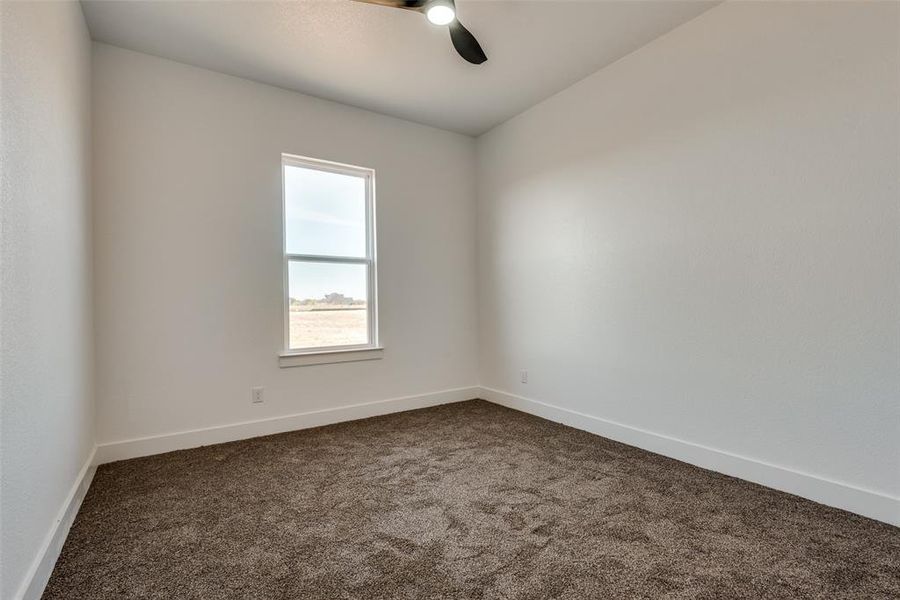 Carpeted spare room with ceiling fan