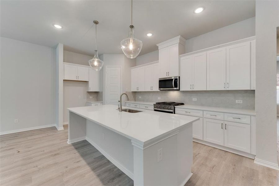 Kitchen with sink, decorative backsplash, light wood-type flooring, and stainless steel appliances