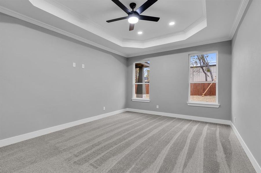 Empty room featuring carpet flooring, ceiling fan, crown molding, and a tray ceiling