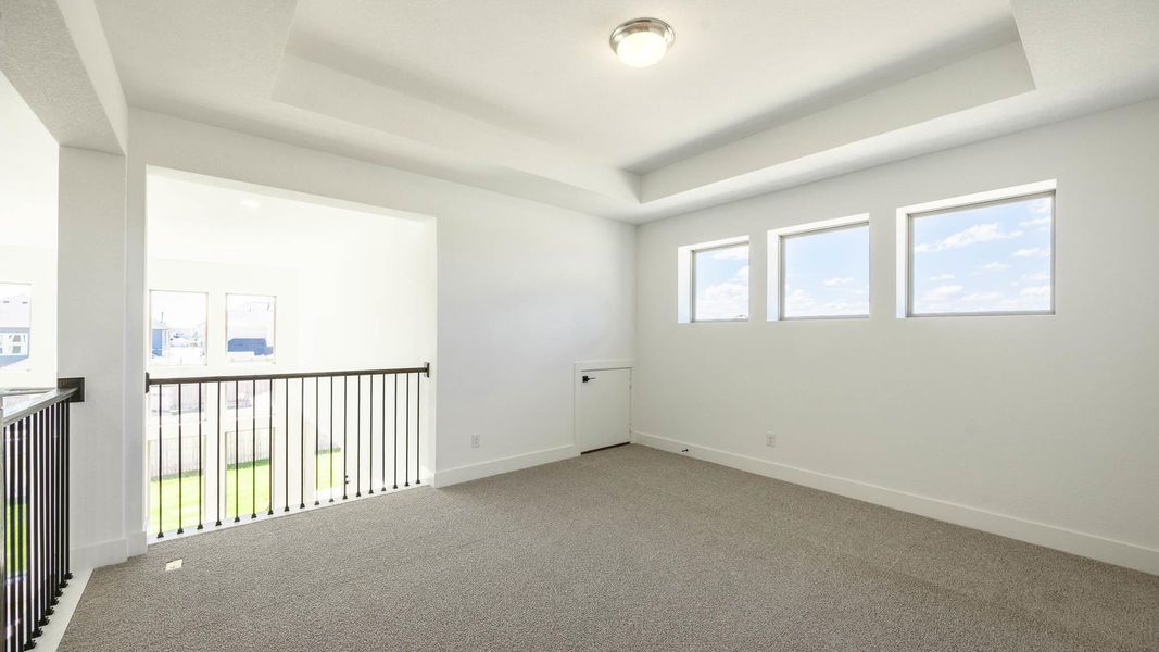 Carpeted spare room with a tray ceiling and baseboards