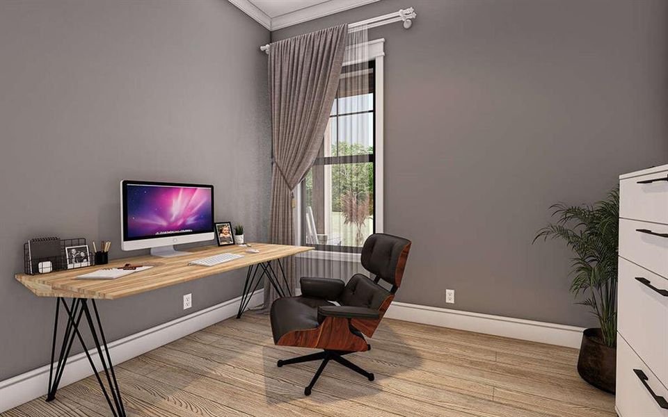 Home office featuring light wood-type flooring and crown molding Home office featuring light wood-type flooring and crown molding