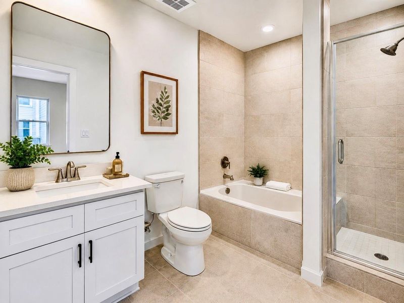 The primary bathroom features a separate mud-set shower and soaking tub, adding both style and function to the space. The bathroom also includes tile work throughout the wet areas, a dual vanity with countertop space, and clean modern finishes that give the room a bright, polished look. * Photo rendering shown as home is currently under construction | Final appearance may vary *