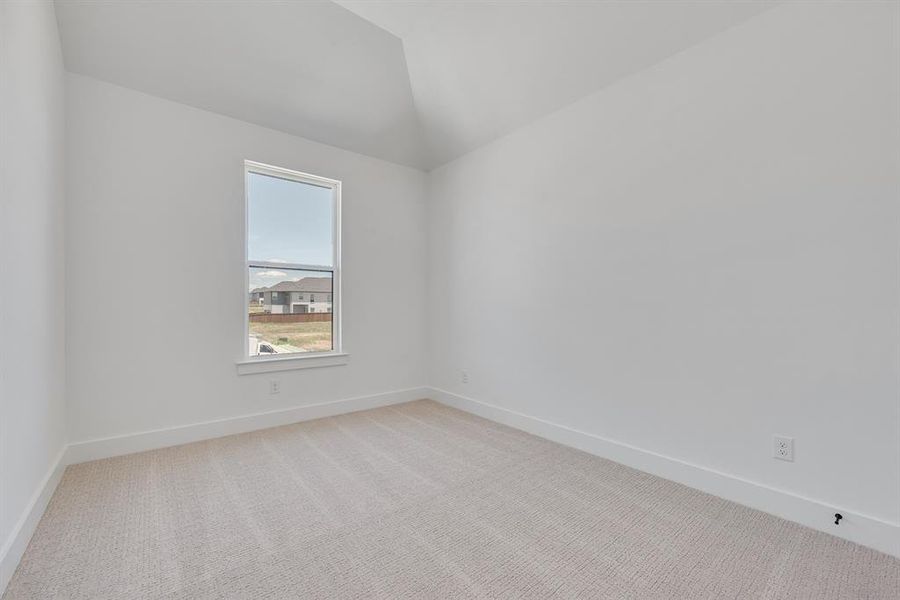Empty room featuring light colored carpet and vaulted ceiling Empty room featuring light colored carpet and vaulted ceiling