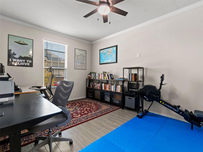 Office space featuring wood tiled finish floors, and ceiling fan