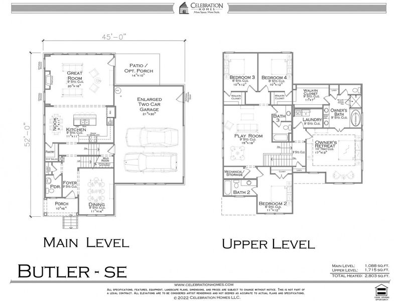 2D floor plan layout for the Butler by Celebration Homes in Harvest Point, Spring Hill, TN (Image 2).