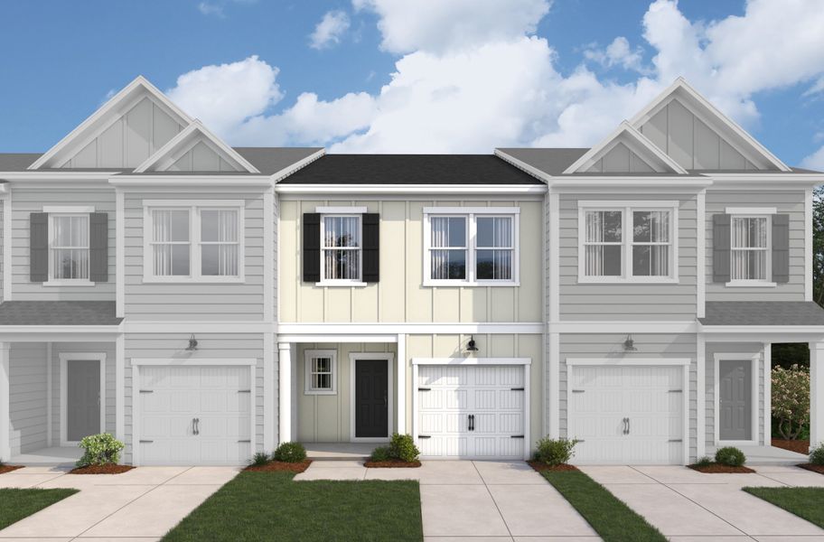 Front exterior of a new home in Townes on Leesville, Durham, NC, highlighting curb appeal (Image 1). Front exterior of a new home in Townes on Leesville, Durham, NC, highlighting curb appeal (Image 1).