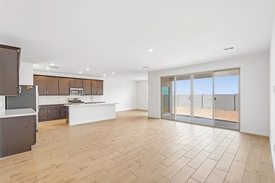 Great room, kitchen and dining