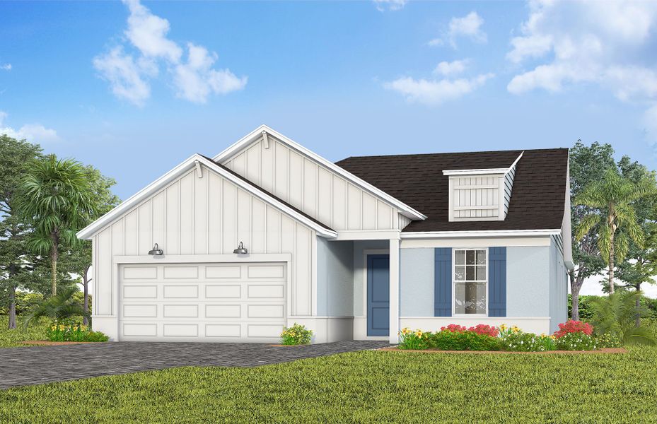 Front exterior of a new home in Del Webb Lakehaven, Clermont, FL, highlighting curb appeal (Image 1). Front exterior of a new home in Del Webb Lakehaven, Clermont, FL, highlighting curb appeal (Image 1).