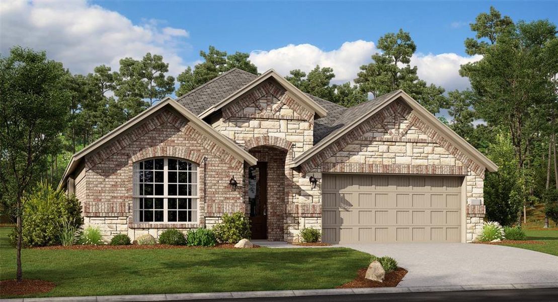 View of front of house featuring a front yard and a garage