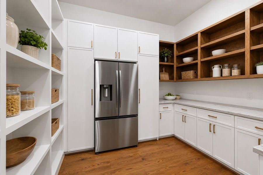 This oversized walk-in pantry is as beautiful as it is functional, featuring a full-size refrigerator, abundant custom cabinetry, expansive countertops, and open shelving for effortless organization. Thoughtfully designed with premium finishes and exceptional storage, it offers the perfect blend of style and everyday convenience for the modern home.  Virtually staged to illustrate furnishing possibilities