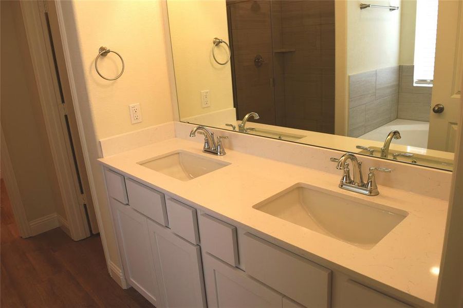 Full bathroom with double vanity, dark wood finished floors, and a stall shower