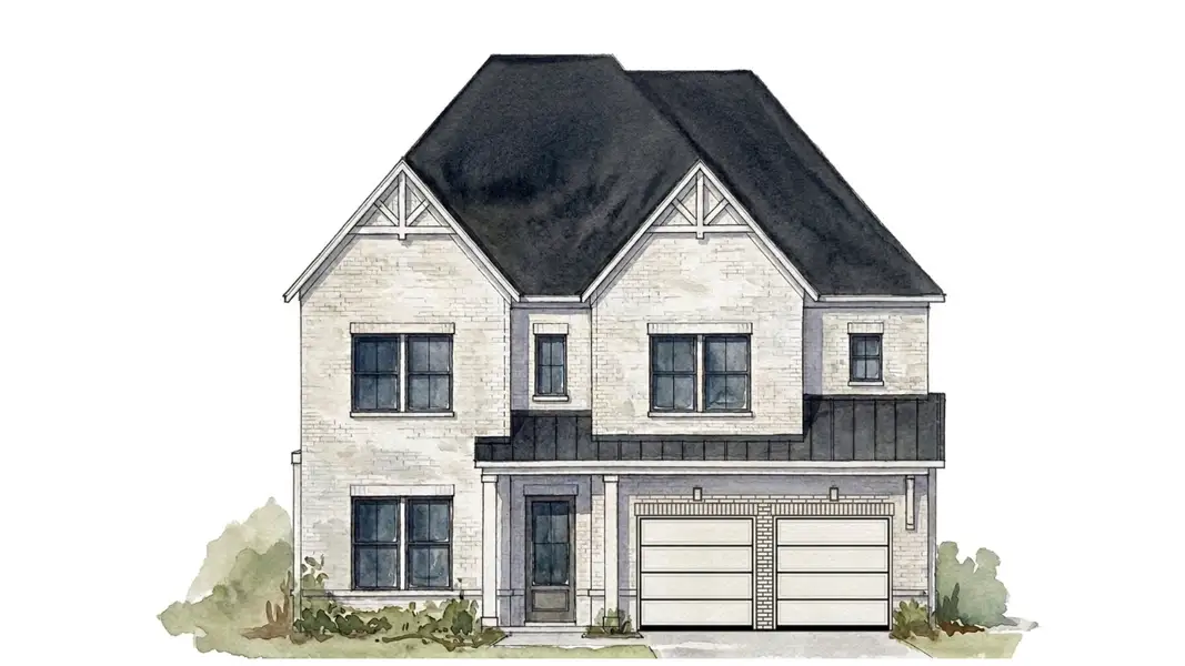 Artistic representation of the Emmeline II plan with a full painted white brick exterior and split garage door. Artistic representation of the Emmeline II plan with a full painted white brick exterior and split garage door.