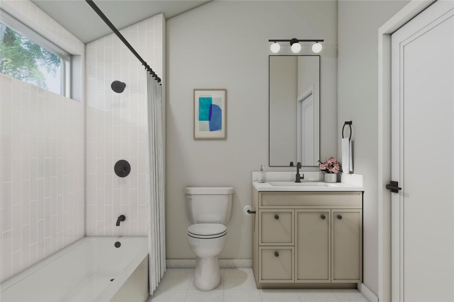 Bathroom with shower / bathtub combination with curtain, light tile patterned flooring, and vanity