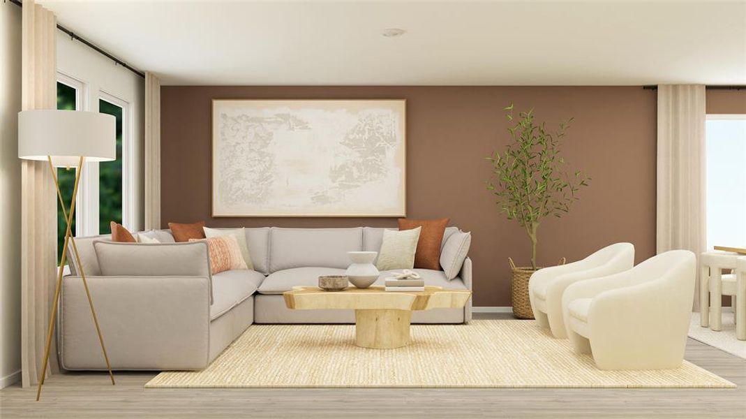 Living room featuring light wood finished floors and baseboards