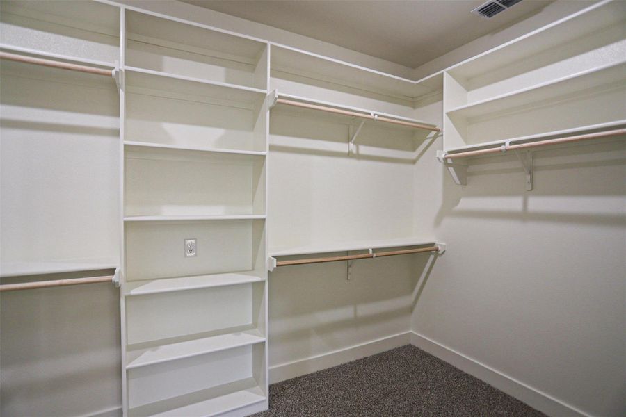 Walk in closet with dark colored carpet