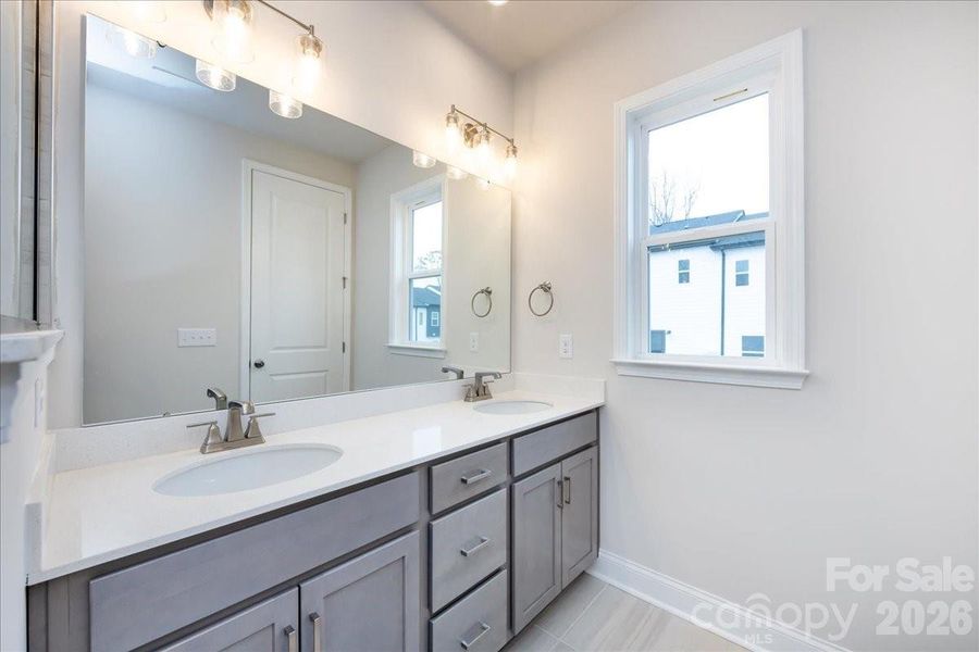 Dual Vanity Primary Bathroom with Grey Cabinets