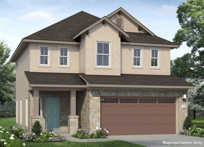 Front exterior of a new home in Clear Creek, Round Rock, TX, highlighting curb appeal (Image 1). Front exterior of a new home in Clear Creek, Round Rock, TX, highlighting curb appeal (Image 1).