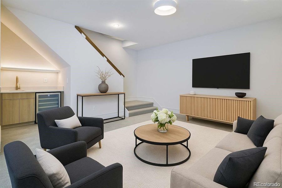 Wet Bar with Beverage Fridge. Cool Lighting!
