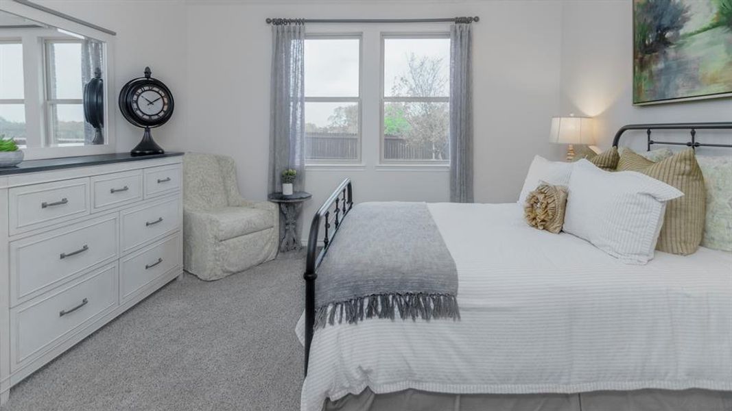 Carpeted room featuring a white paneled dresser with dark hardware, a pair of windows with drapes, and a metal bed frame
