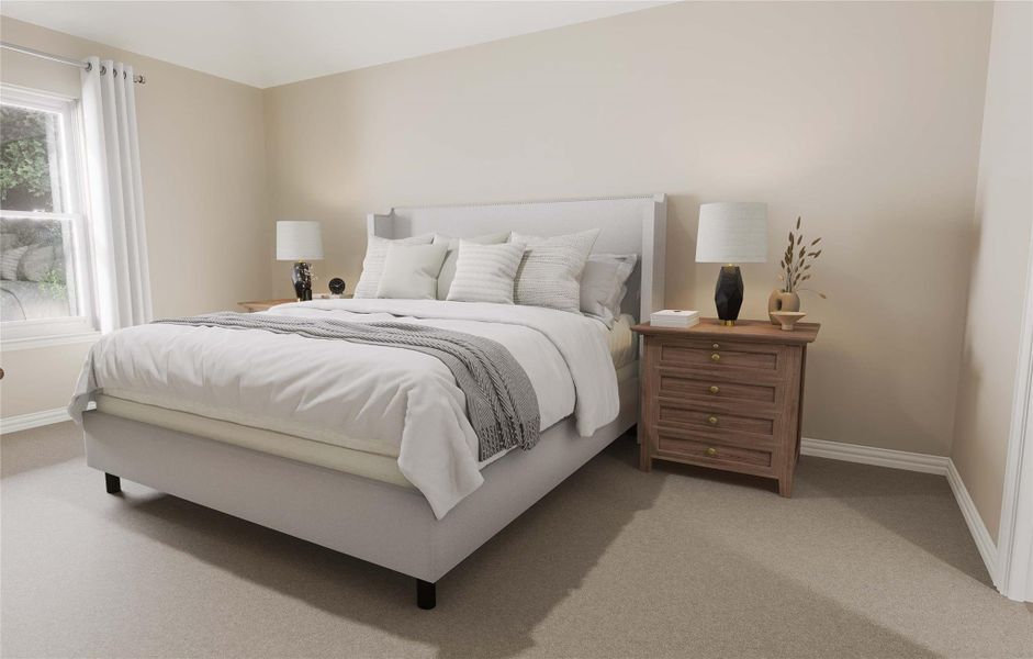 Bedroom with light carpet, baseboards, and multiple windows