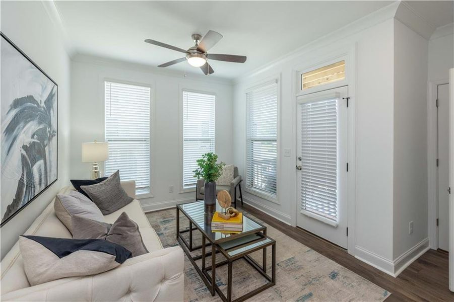 Furnished interior view inside a new home in Ward's Crossing Townhomes, Johns Creek (Image 10). Furnished interior view inside a new home in Ward's Crossing Townhomes, Johns Creek (Image 10).