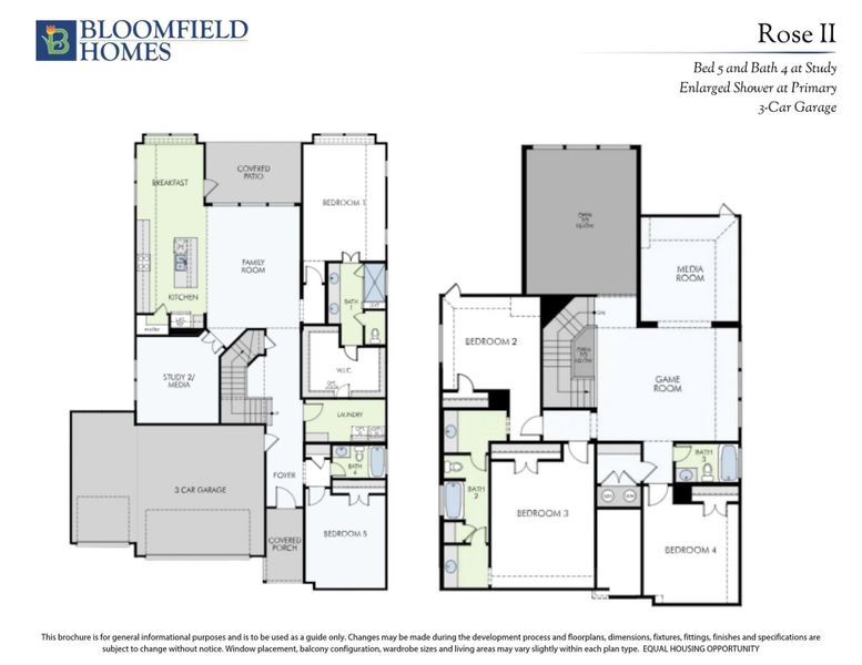 Bloomfield Homes Rose II floor plan showing 5 bedrooms, 4 bathrooms, study, game room, and 3-car garage on two floors.