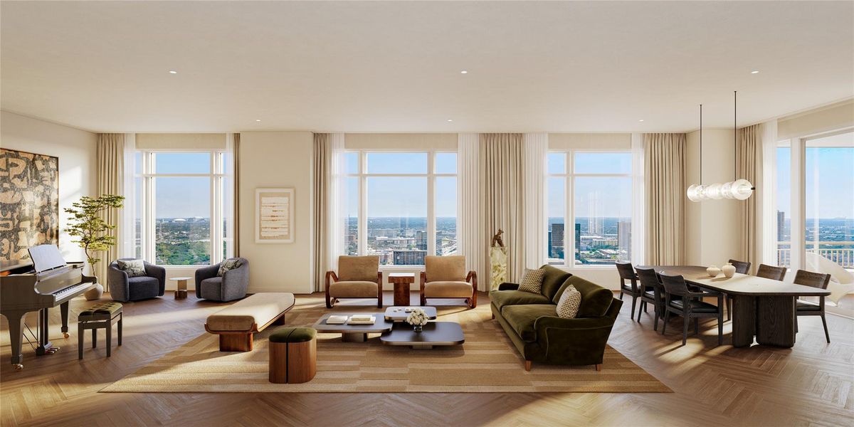 Welcome to The Ritz-Carlton Residences, Houston, where timeless design meets elevated luxury. Each residence features 8-inch straight plank white oak flooring, soaring 10-foot ceiling heights, and thoughtfully designed formal dining spaces complemented by stunning views.