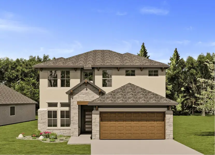 Representative exterior photo of a completed home built from the James 2424 S by Saratoga Homes in Butler Farms, Liberty Hill, TX (Image 2). Representative exterior photo of a completed home built from the James 2424 S by Saratoga Homes in Butler Farms, Liberty Hill, TX (Image 2).