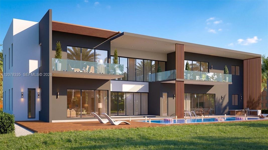 Striking rear facade with angular wood and glass architecture, plus private balconies.