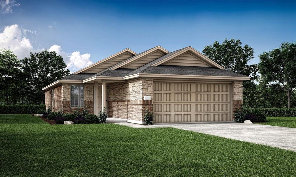 View of front of house featuring a front lawn and a garage