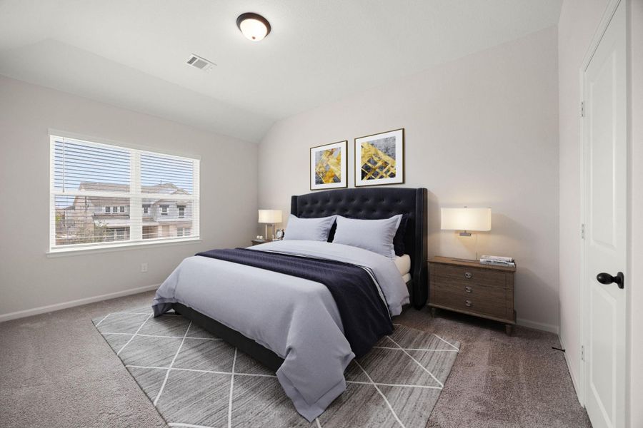 Spacious secondary bedroom suite located on the upper level, offering exceptional privacy and comfort. This bright room features a high vaulted ceiling, plush carpeting, and a large double window that floods the space with natural light while providing view control via custom horizontal blinds. Completed with its own private ensuite bathroom and walk-in closet access, this room is perfect for teenagers, extended family, or long-term houseguests. *Virtually Staged Spacious secondary bedroom suite located on the upper level, offering exceptional privacy and comfort. This bright room features a high vaulted ceiling, plush carpeting, and a large double window that floods the space with natural light while providing view control via custom horizontal blinds. Completed with its own private ensuite bathroom and walk-in closet access, this room is perfect for teenagers, extended family, or long-term houseguests. *Virtually Staged