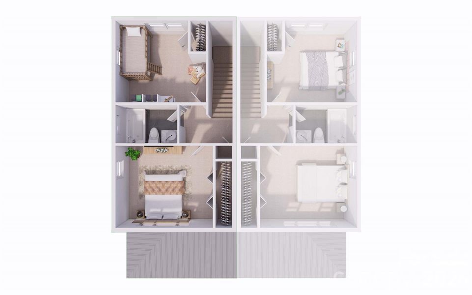 Upstairs feat. bedroom 1, full bath, & bedroom 2