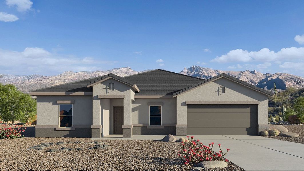 Representative exterior photo of a completed home built from the Frisco - Plan H50F by D.R. Horton in Tortolita Trails, Marana, AZ (Image 1). Representative exterior photo of a completed home built from the Frisco - Plan H50F by D.R. Horton in Tortolita Trails, Marana, AZ (Image 1).